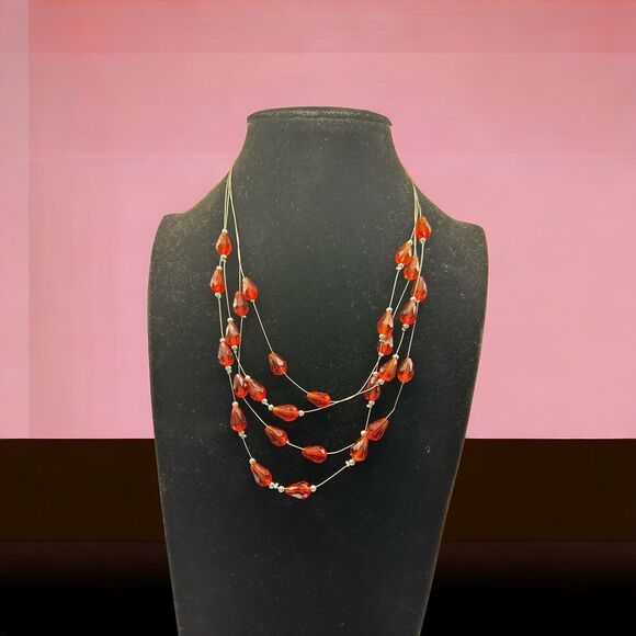 Strand Jewelry - Vintage Multi Strand Red Beaded Silver Tone Necklace Jewerly Costume Fashion